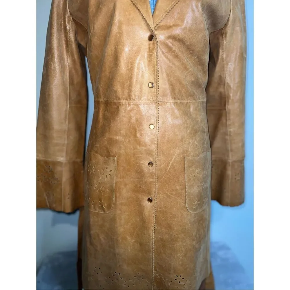 Wilsons Leather Duster Caramel Tan Trench Eyelet 70s Pearl Snaps Coat - Picture 2 of 12